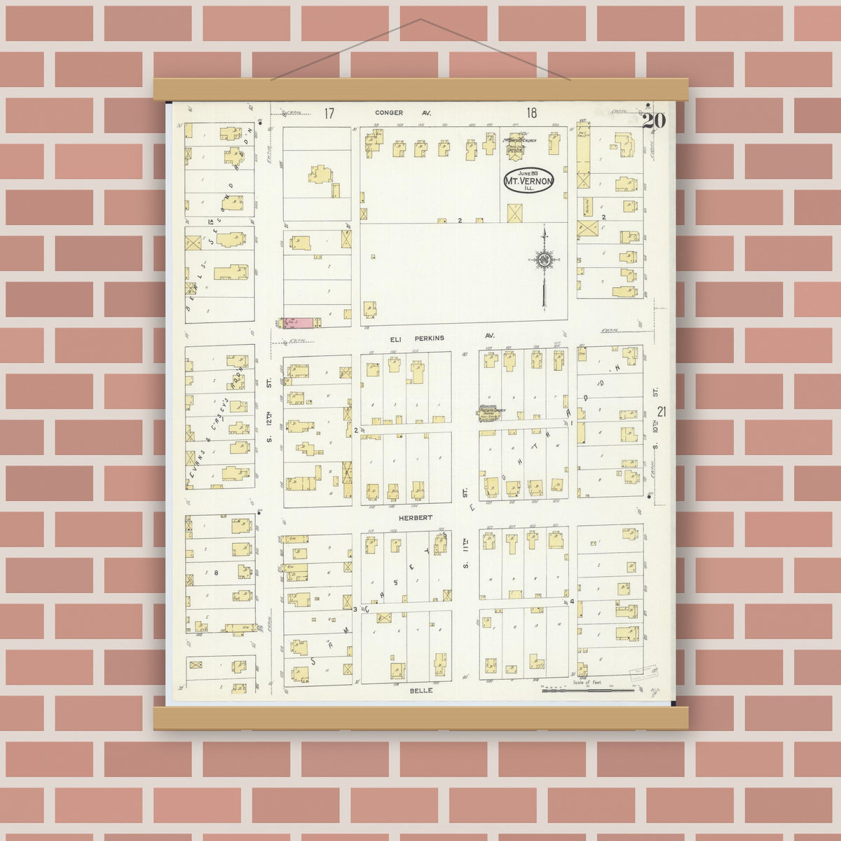Old map wall art mockup — magnetic wood frame on brick wall — Sanborn Fire Insurance Map from Mount Vernon, Jefferson County, Illinois (1913), Sheet #0020
