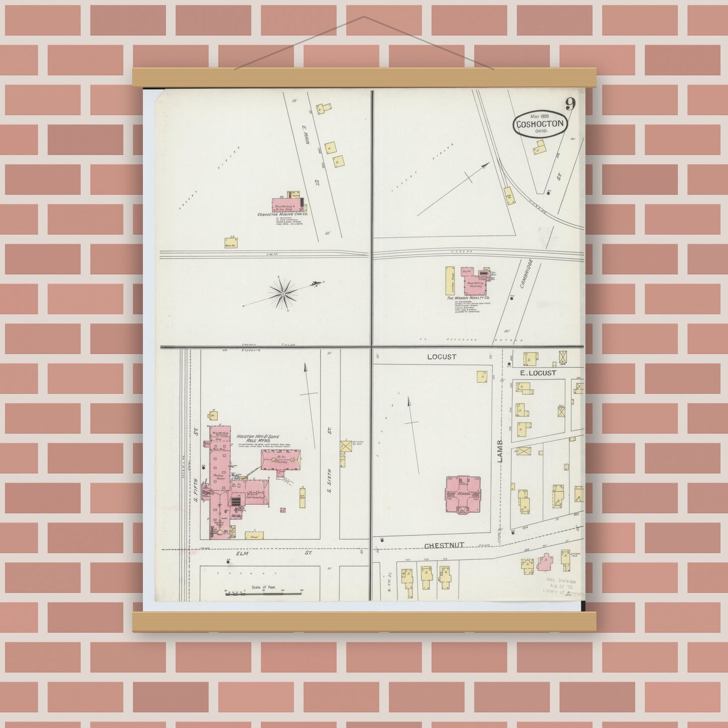 Old map wall art mockup — magnetic wood frame on brick wall — Sanborn Fire Insurance Map from Coshocton, Coshocton County, Ohio (1893), Sheet #0009