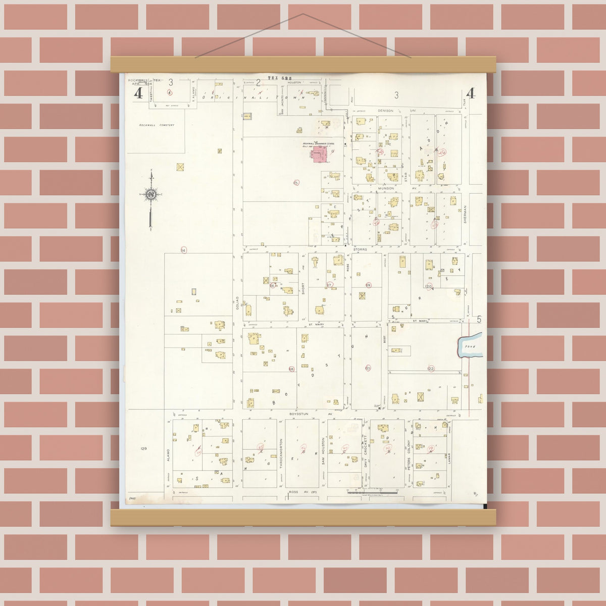 Old map wall art mockup — magnetic wood frame on brick wall — Sanborn Fire Insurance Map from Rockwall, Rockwall County, Texas (1945), Sheet #0004