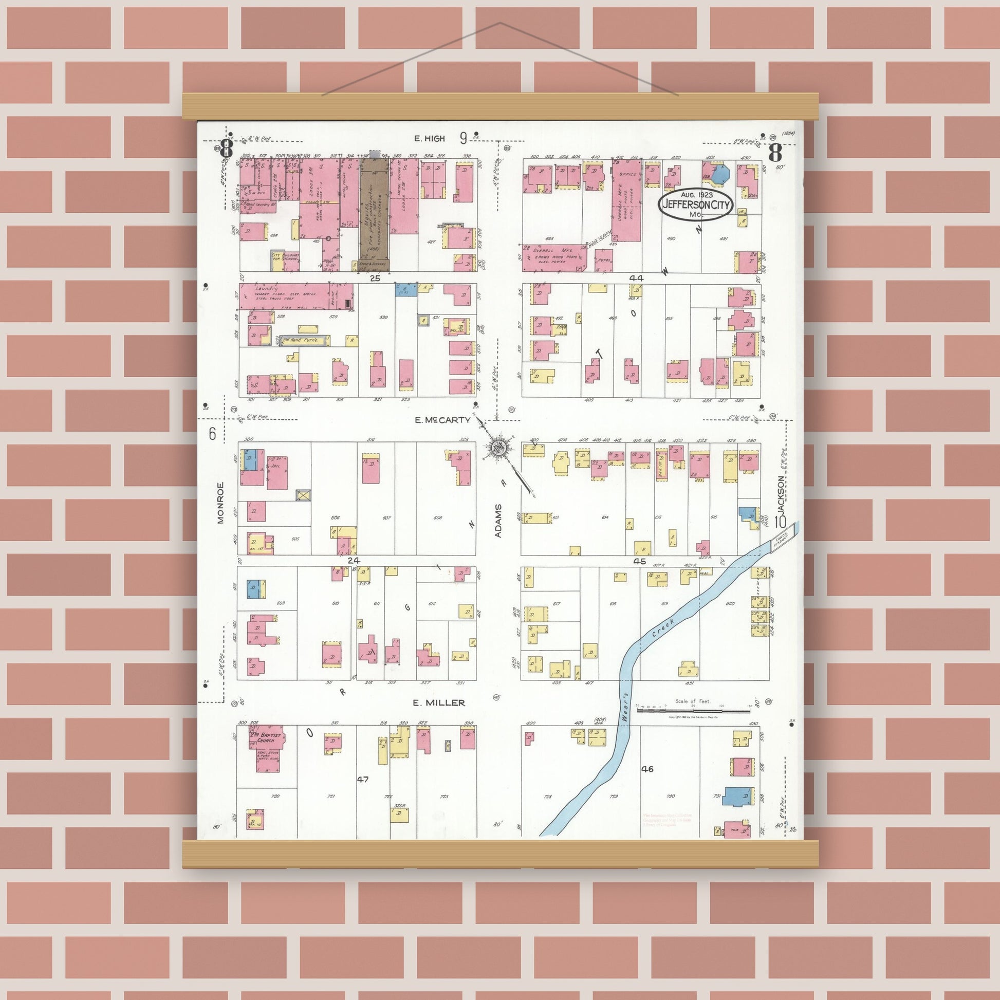 Old map wall art mockup — magnetic wood frame on brick wall — Sanborn Fire Insurance Map from Jefferson City, Cole County, Missouri (1923), Sheet #0008