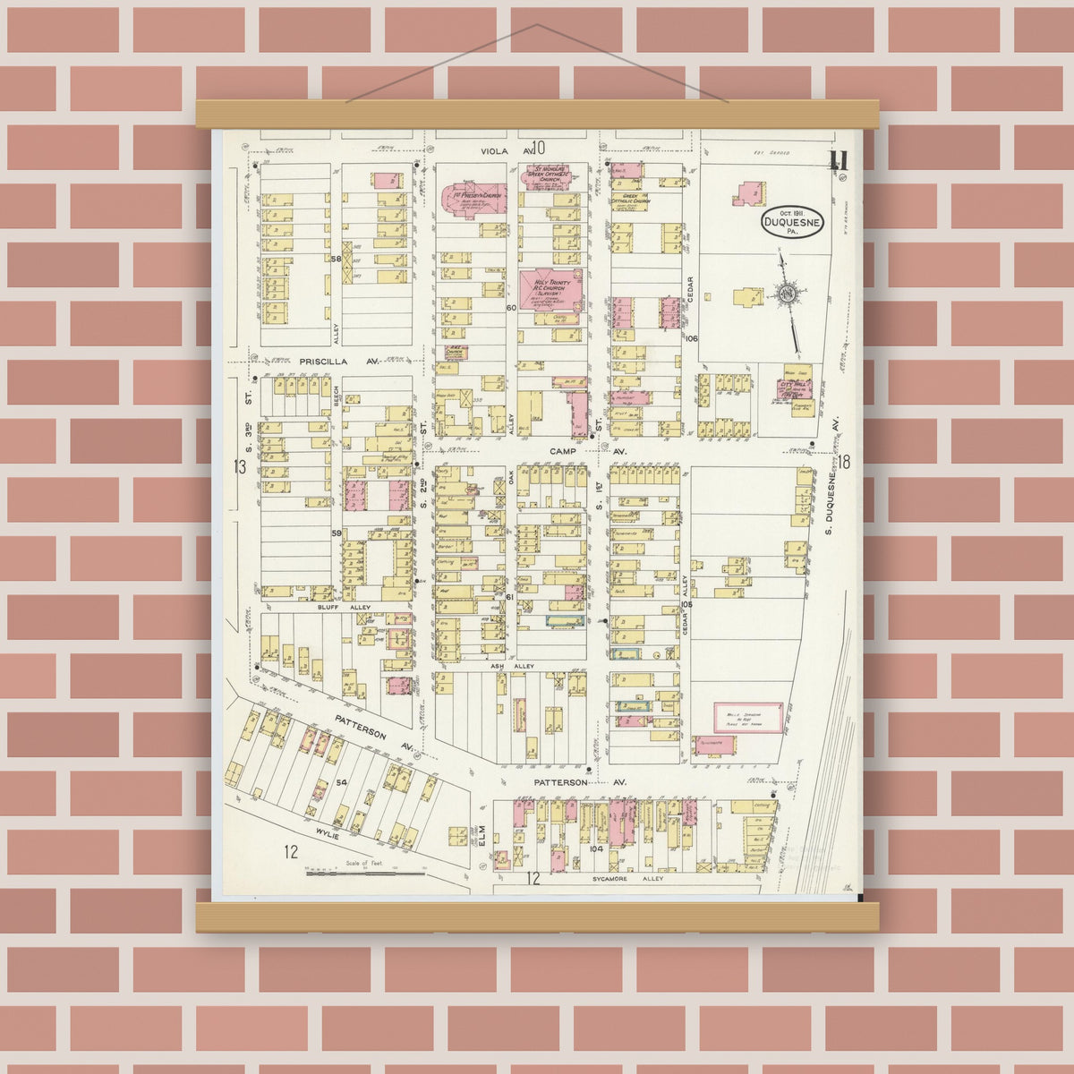 Old map wall art mockup — magnetic wood frame on brick wall — Sanborn Fire Insurance Map from Duquesne, Allegheny County, Pennsylvania (1911), Sheet #0011