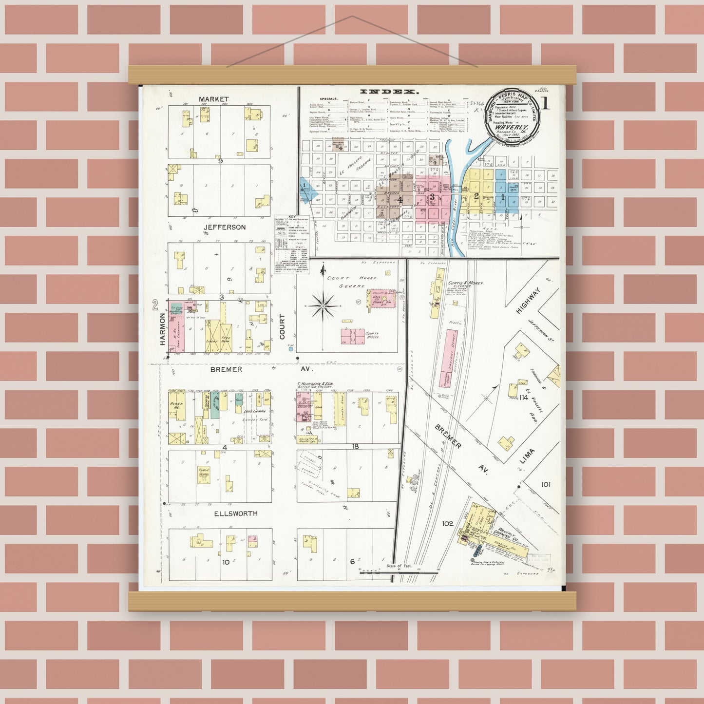 Old map wall art mockup — magnetic wood frame on brick wall — Sanborn Fire Insurance Map from Waverly, Bremer County, Iowa (1892) â€” Complete Set