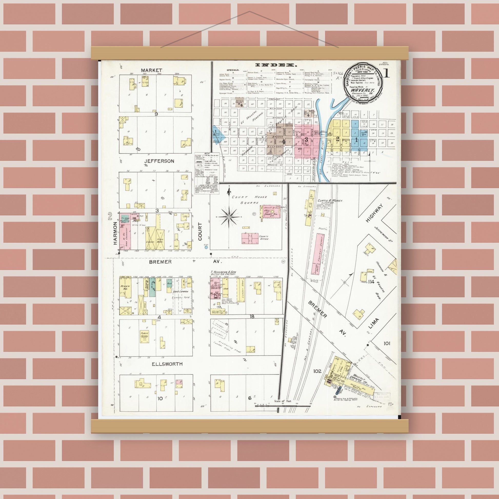 Old map wall art mockup — magnetic wood frame on brick wall — Sanborn Fire Insurance Map from Waverly, Bremer County, Iowa (1892) â€” Complete Set