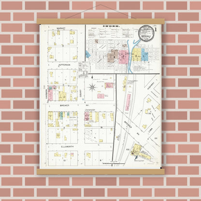Old map wall art mockup — magnetic wood frame on brick wall — Sanborn Fire Insurance Map from Waverly, Bremer County, Iowa (1892) â€” Complete Set