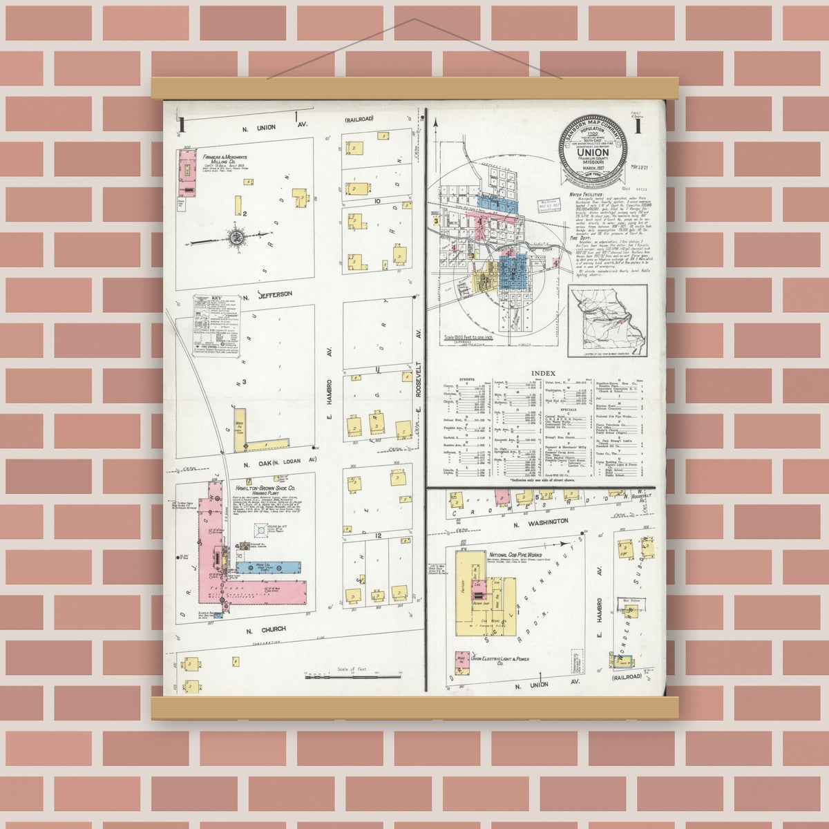 Old map wall art mockup — magnetic wood frame on brick wall — Sanborn Fire Insurance Map from Union, Franklin County, Missouri (1927) - Complete Map Set