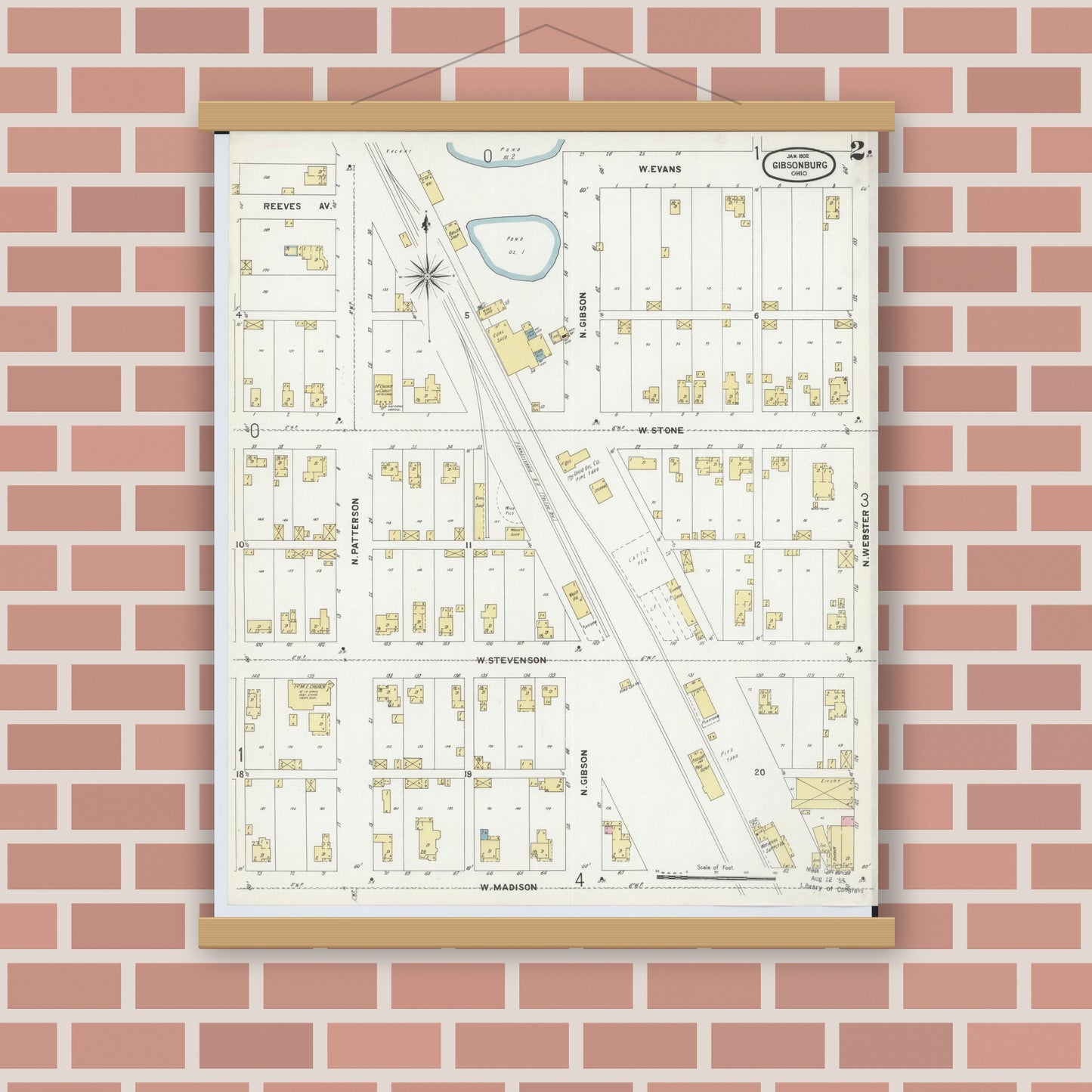 Old map wall art mockup — magnetic wood frame on brick wall — Sanborn Fire Insurance Map from Gibsonburg, Sandusky County, Ohio (1902), Sheet #0002
