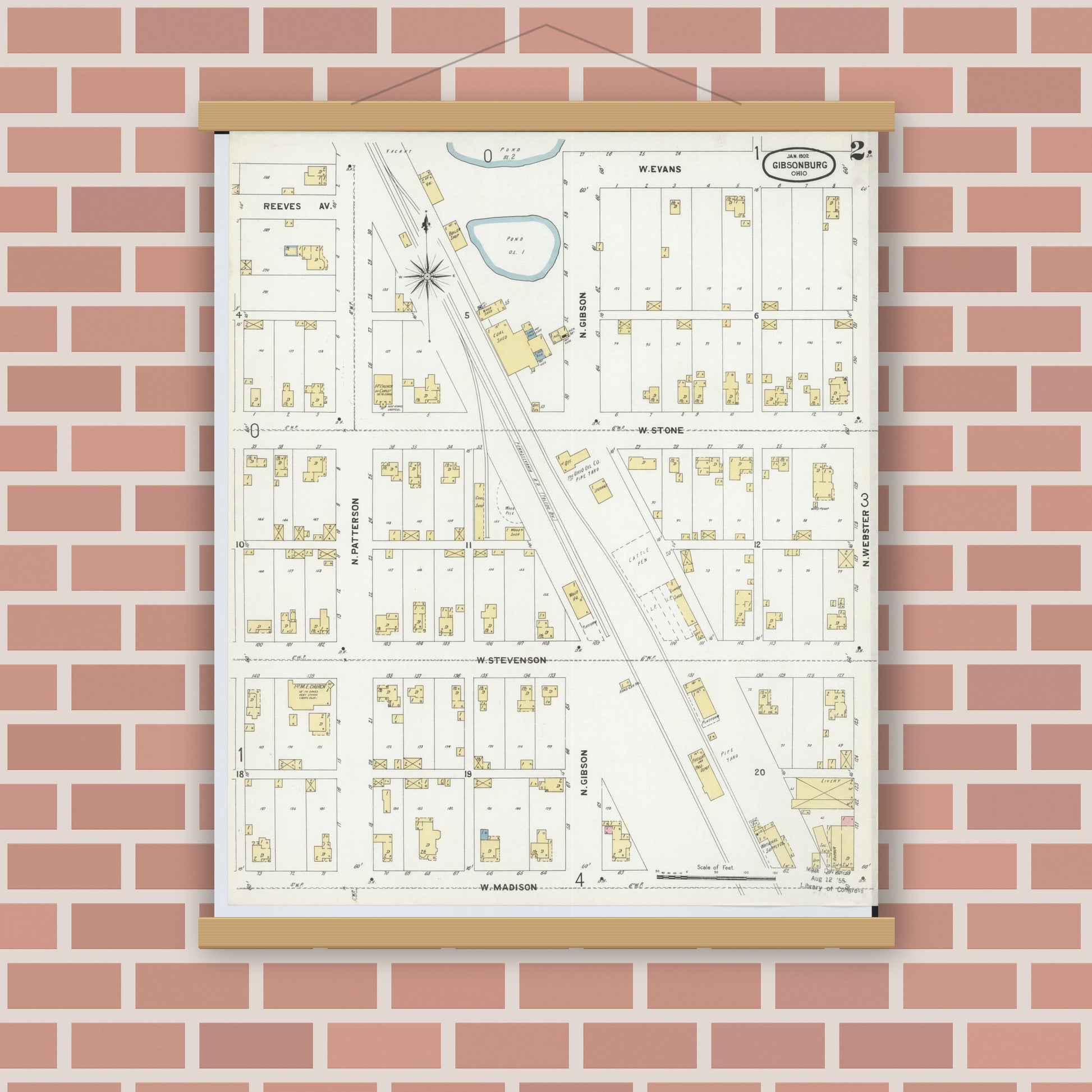 Old map wall art mockup — magnetic wood frame on brick wall — Sanborn Fire Insurance Map from Gibsonburg, Sandusky County, Ohio (1902), Sheet #0002