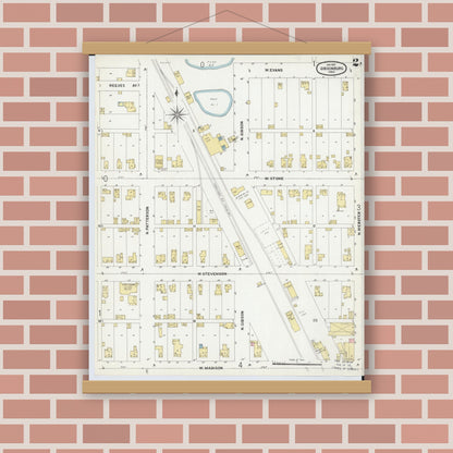 Old map wall art mockup — magnetic wood frame on brick wall — Sanborn Fire Insurance Map from Gibsonburg, Sandusky County, Ohio (1902), Sheet #0002