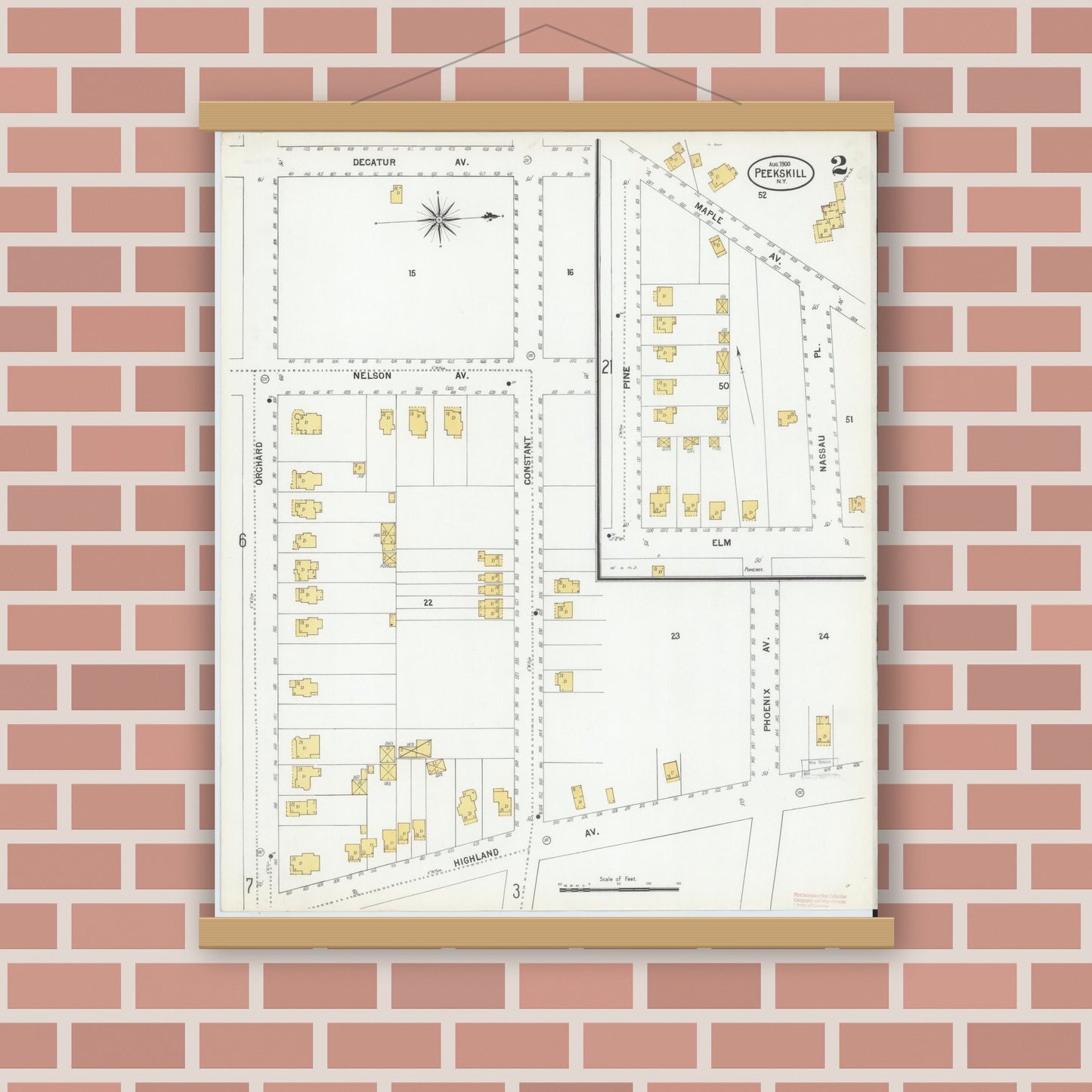 Old map wall art mockup — magnetic wood frame on brick wall — Sanborn Fire Insurance Map from Peekskill, Westchester County, New York (1900) - Complete Map Set