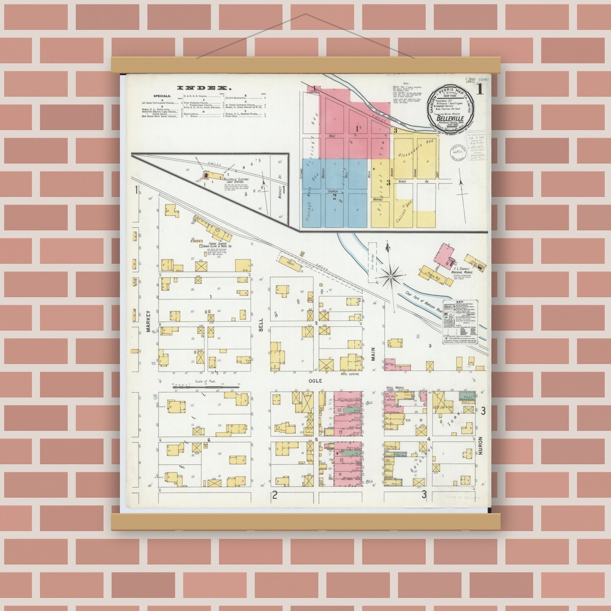 Old map wall art mockup — magnetic wood frame on brick wall — Sanborn Fire Insurance Map from Bellville, Richland County, Ohio (1900), Sheet #0001