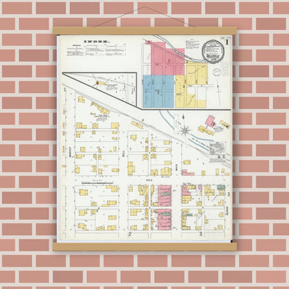 Old map wall art mockup — magnetic wood frame on brick wall — Sanborn Fire Insurance Map from Bellville, Richland County, Ohio (1900), Sheet #0001