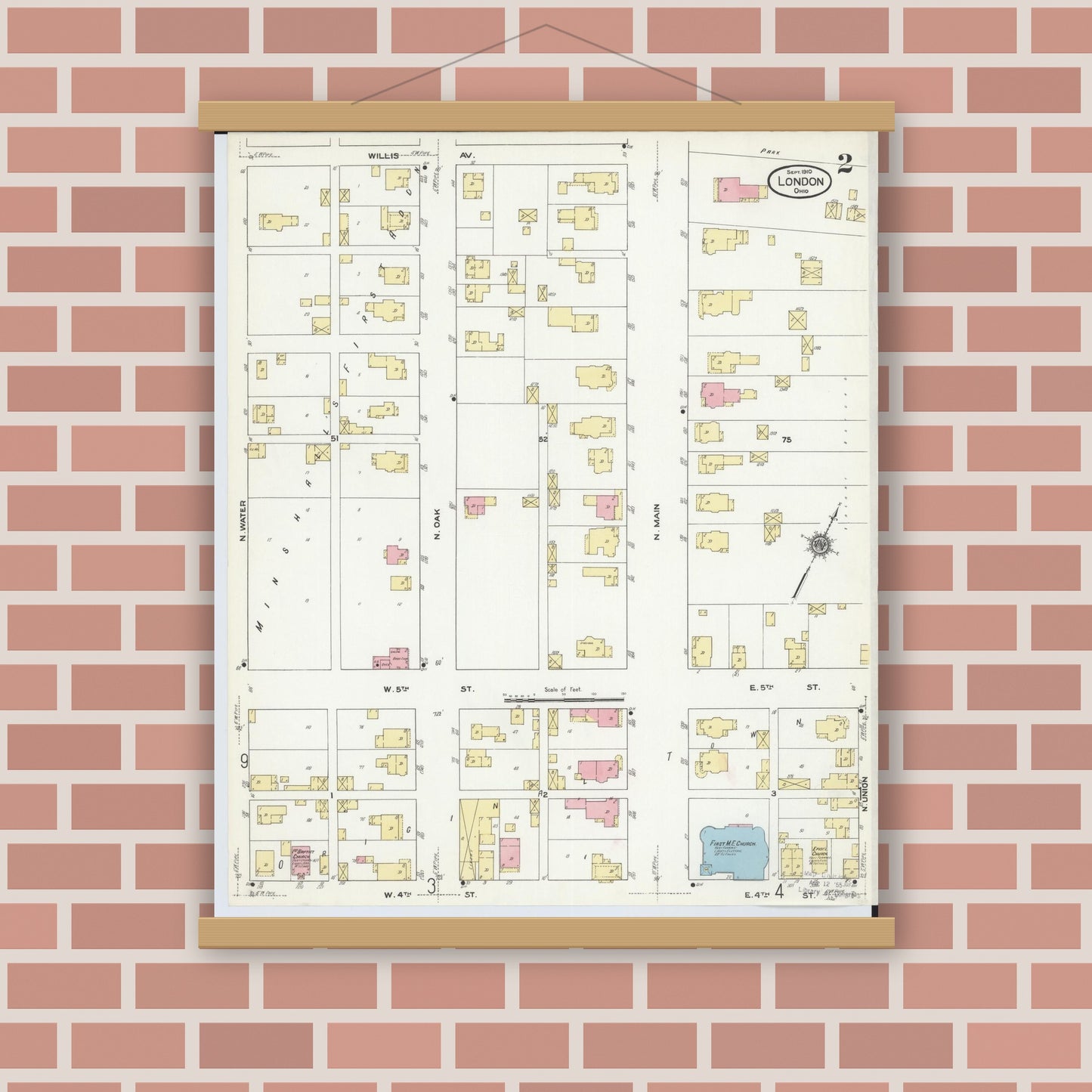 Old map wall art mockup — magnetic wood frame on brick wall — Sanborn Fire Insurance Map from London, Madison County, Ohio (1910), Sheet #0002