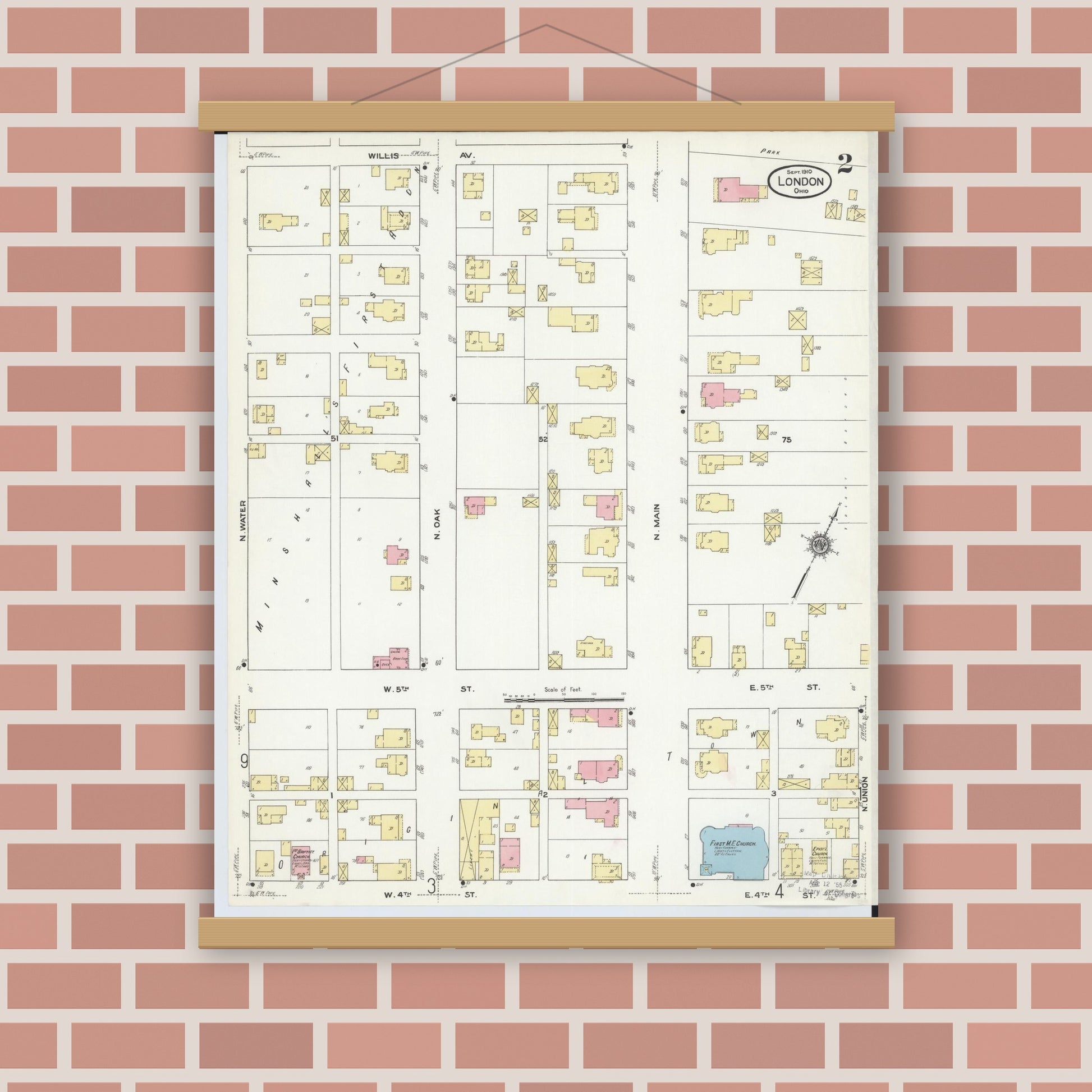 Old map wall art mockup — magnetic wood frame on brick wall — Sanborn Fire Insurance Map from London, Madison County, Ohio (1910), Sheet #0002