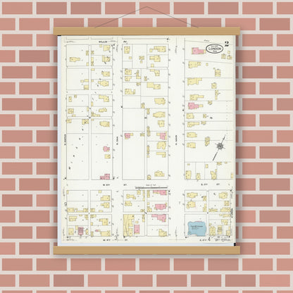 Old map wall art mockup — magnetic wood frame on brick wall — Sanborn Fire Insurance Map from London, Madison County, Ohio (1910), Sheet #0002