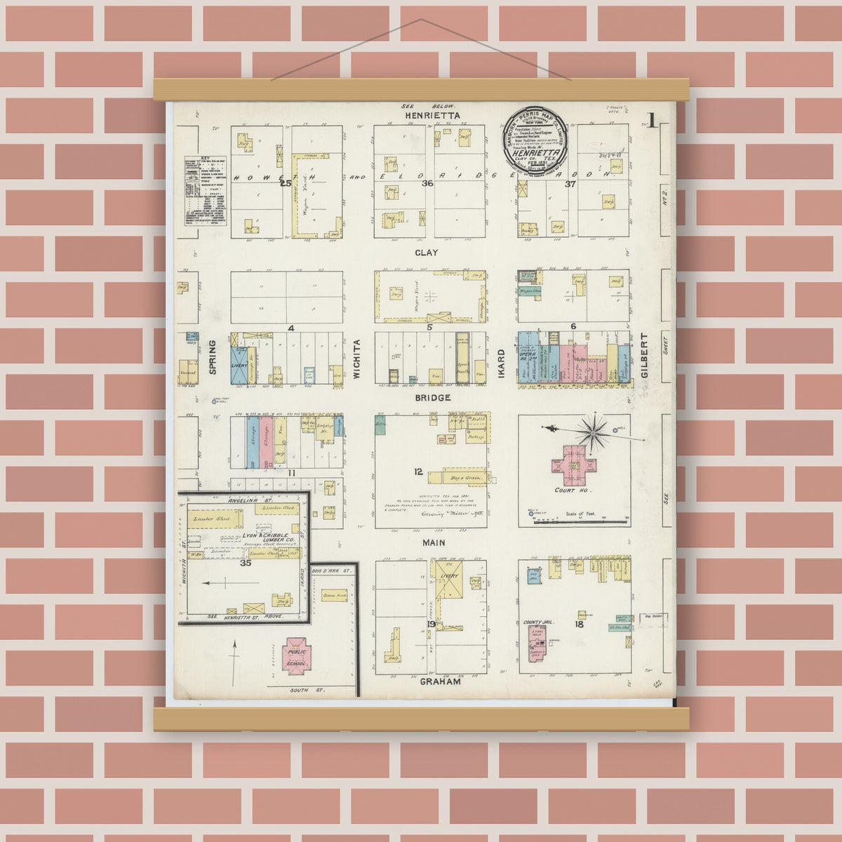 Old map wall art mockup — magnetic wood frame on brick wall — Sanborn Fire Insurance Map from Henrietta, Clay County, Texas (1891) - Complete Map Set