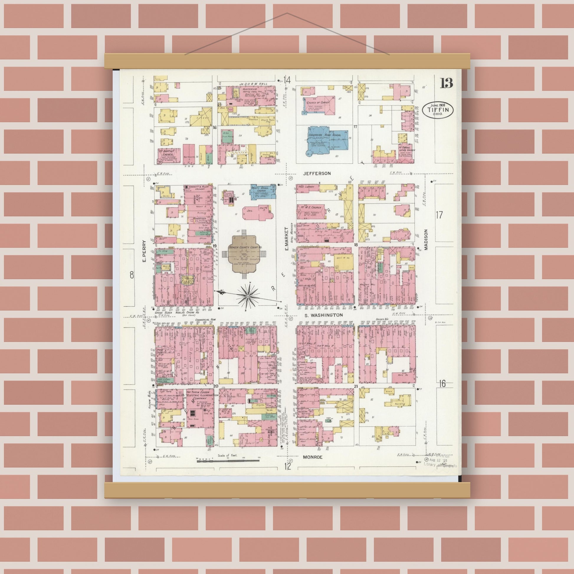 Old map wall art mockup — magnetic wood frame on brick wall — Sanborn Fire Insurance Map from Tiffin, Seneca County, Ohio (1908), Sheet #0013