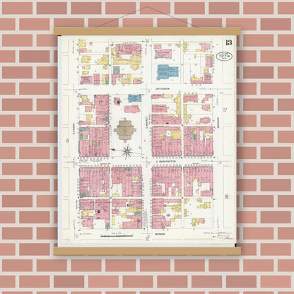 Old map wall art mockup — magnetic wood frame on brick wall — Sanborn Fire Insurance Map from Tiffin, Seneca County, Ohio (1908), Sheet #0013