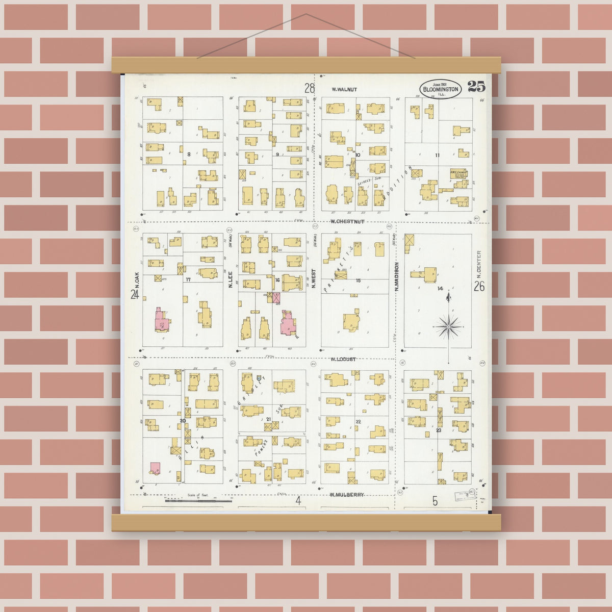 Old map wall art mockup — magnetic wood frame on brick wall — Sanborn Fire Insurance Map from Bloomington, McLean County, Illinois (1901), Sheet #0025