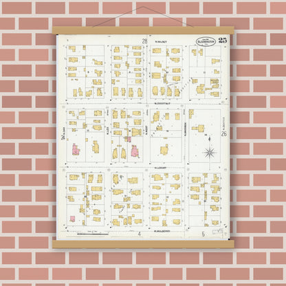 Old map wall art mockup — magnetic wood frame on brick wall — Sanborn Fire Insurance Map from Bloomington, McLean County, Illinois (1901), Sheet #0025
