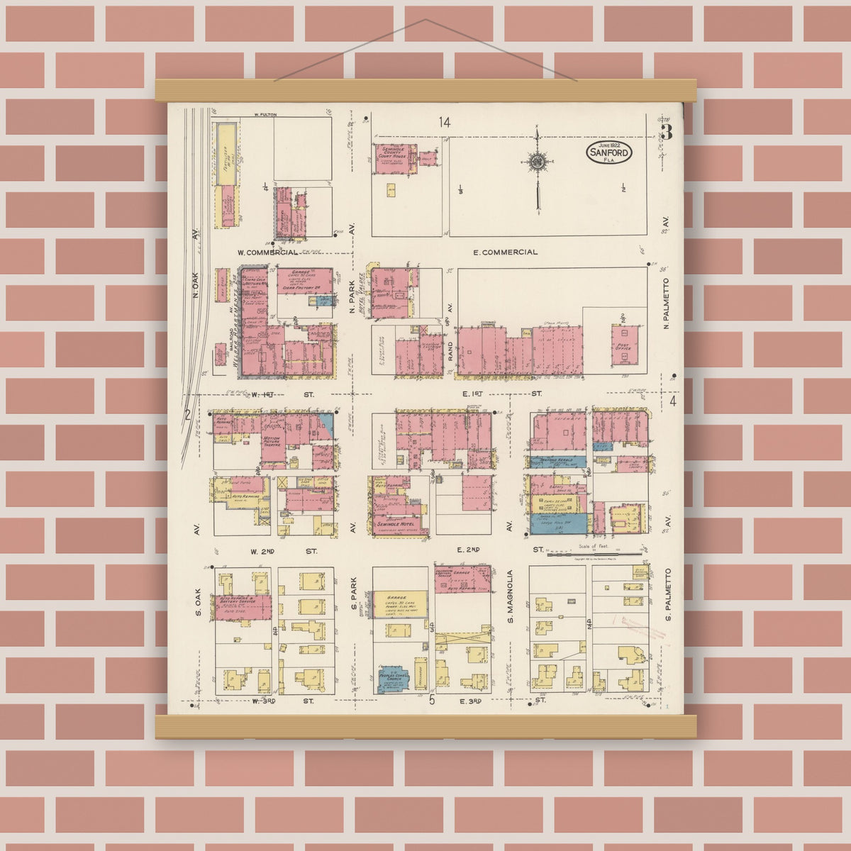 Old map wall art mockup — magnetic wood frame on brick wall — Sanborn Fire Insurance Map from Sanford, Seminole County, Florida (1922), Sheet #0003