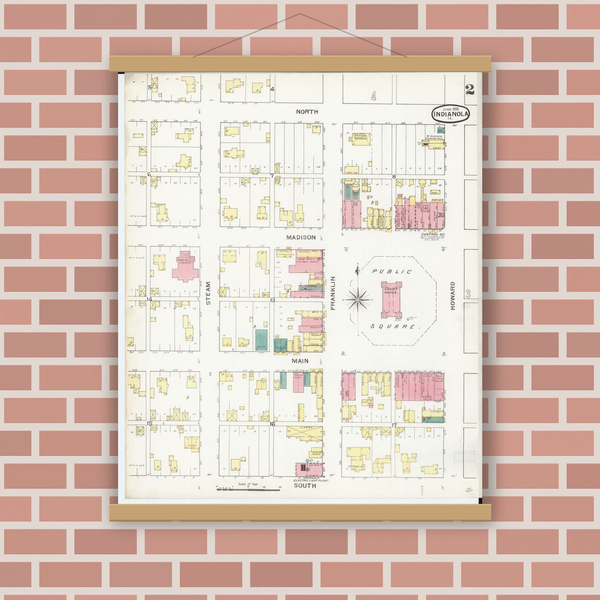 Old map wall art mockup — magnetic wood frame on brick wall — Sanborn Fire Insurance Map from Indianola, Warren County, Iowa (1893), Sheet #0002