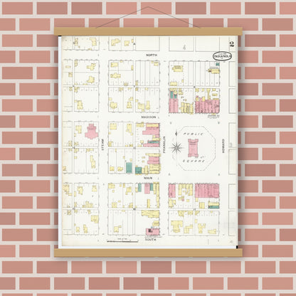 Old map wall art mockup — magnetic wood frame on brick wall — Sanborn Fire Insurance Map from Indianola, Warren County, Iowa (1893), Sheet #0002