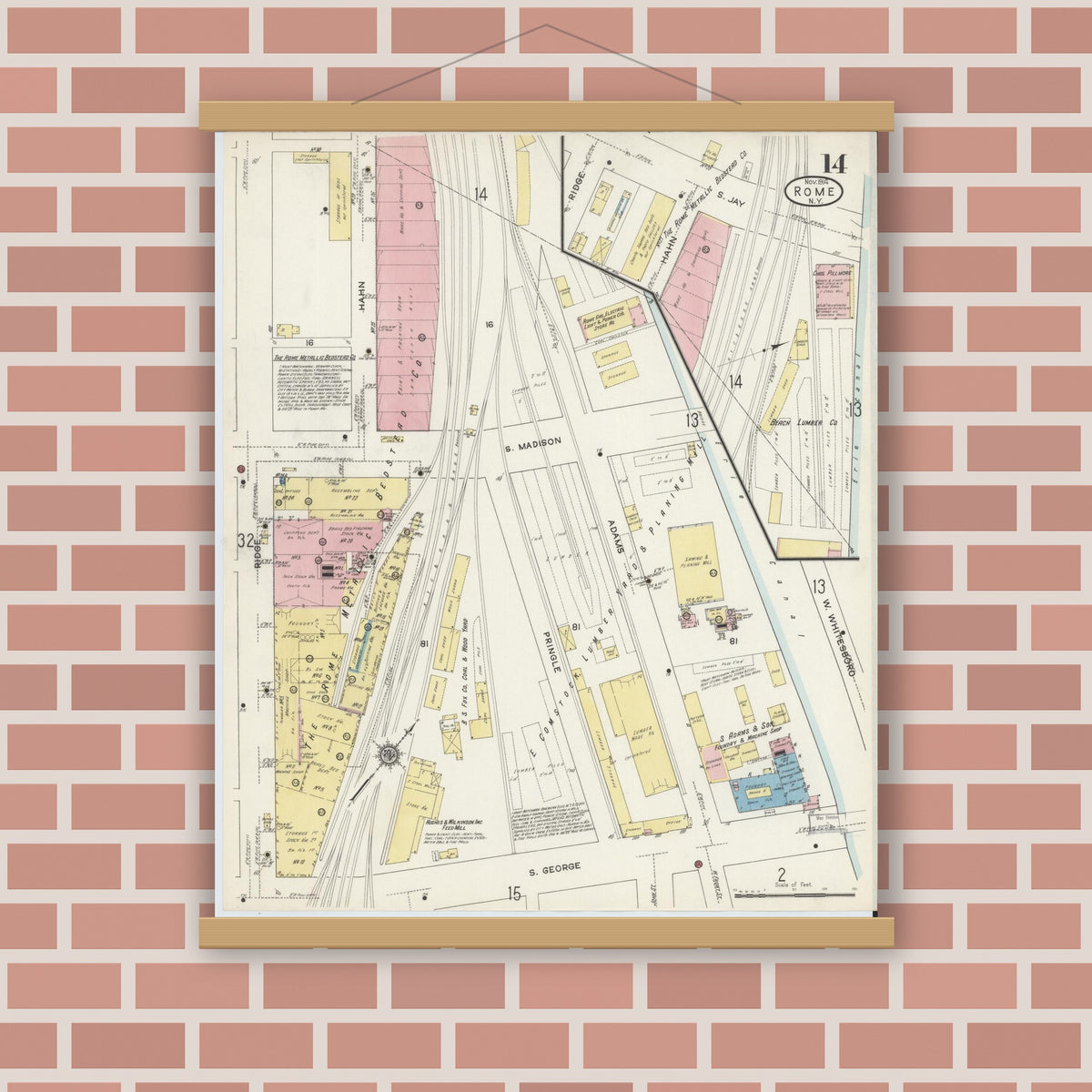 Old map wall art mockup — magnetic wood frame on brick wall — Sanborn Fire Insurance Map from Rome, Oneida County, New York (1914), Sheet #0014