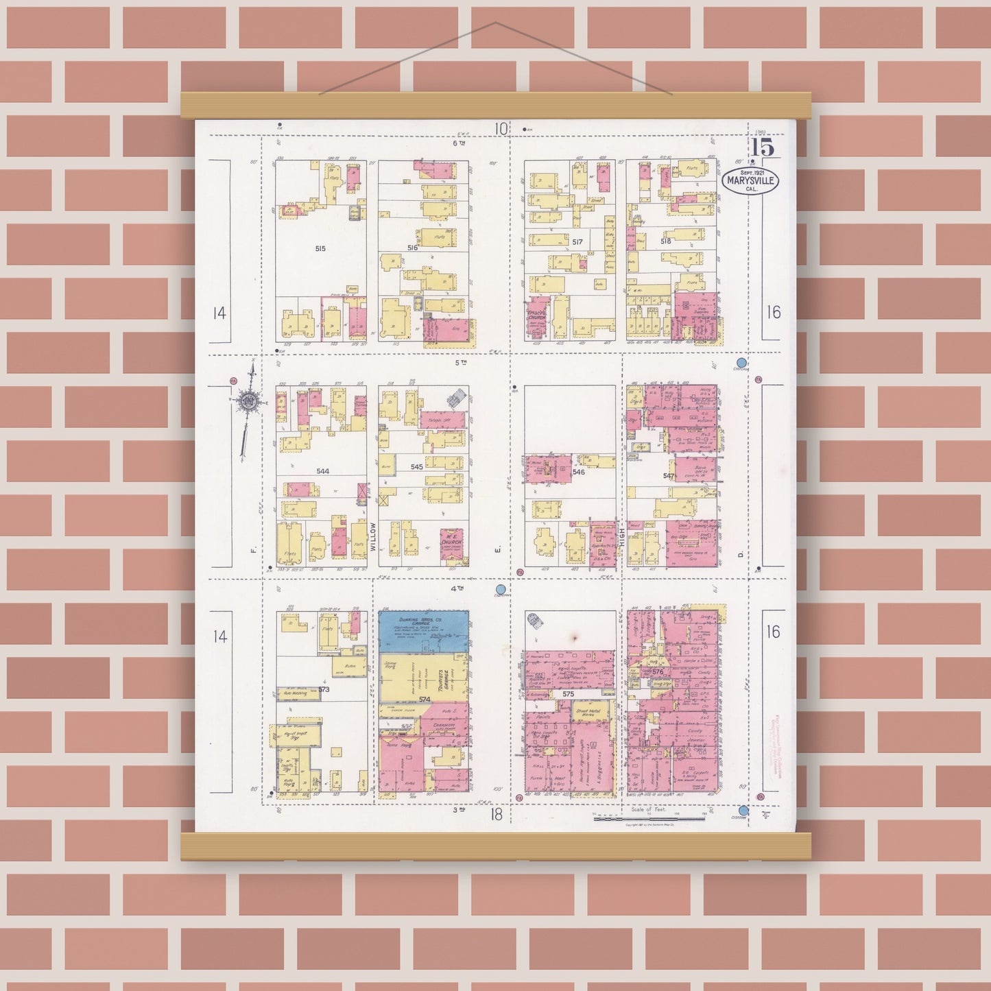 Old map wall art mockup — magnetic wood frame on brick wall — Sanborn Fire Insurance Map from Marysville, Yuba County, California (1921), Sheet #0015