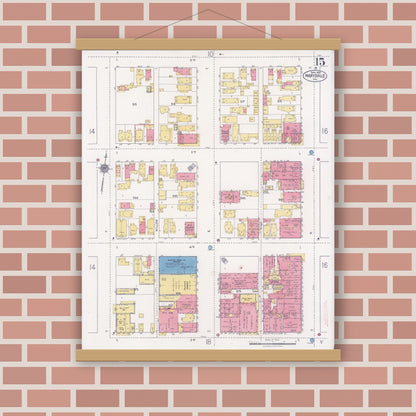 Old map wall art mockup — magnetic wood frame on brick wall — Sanborn Fire Insurance Map from Marysville, Yuba County, California (1921), Sheet #0015
