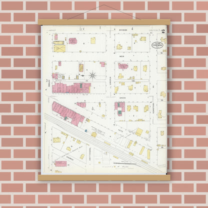 Old map wall art mockup — magnetic wood frame on brick wall — Sanborn Fire Insurance Map from Chenoa, McLean County, Illinois (1907), Sheet #0002