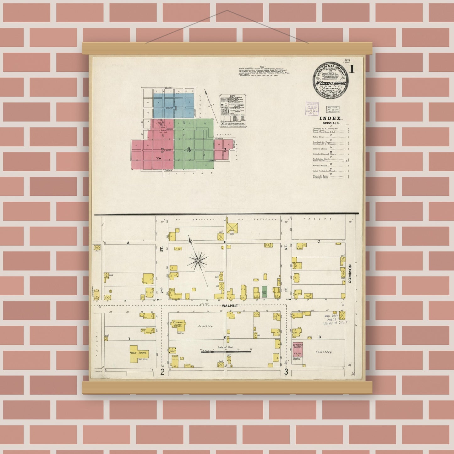 Old map wall art mockup — magnetic wood frame on brick wall — Sanborn Fire Insurance Map from McConnellsburgh, Fulton County, Pennsylvania (1904), Sheet #0001