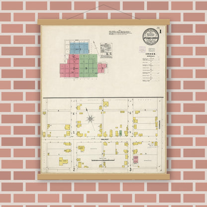 Old map wall art mockup — magnetic wood frame on brick wall — Sanborn Fire Insurance Map from McConnellsburgh, Fulton County, Pennsylvania (1904), Sheet #0001