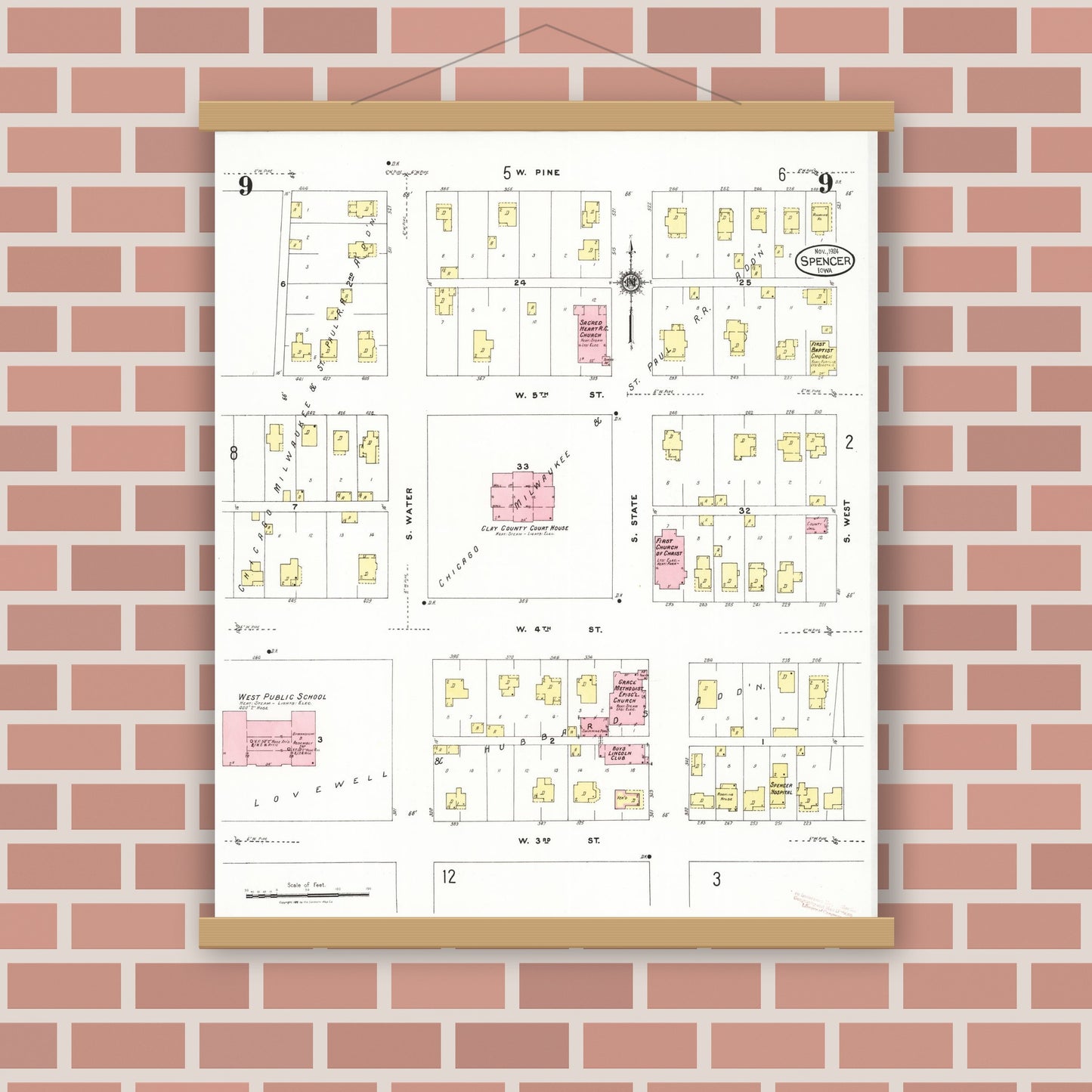 Old map wall art mockup — magnetic wood frame on brick wall — Sanborn Fire Insurance Map from Spencer, Clay County, Iowa (1924), Sheet #0009