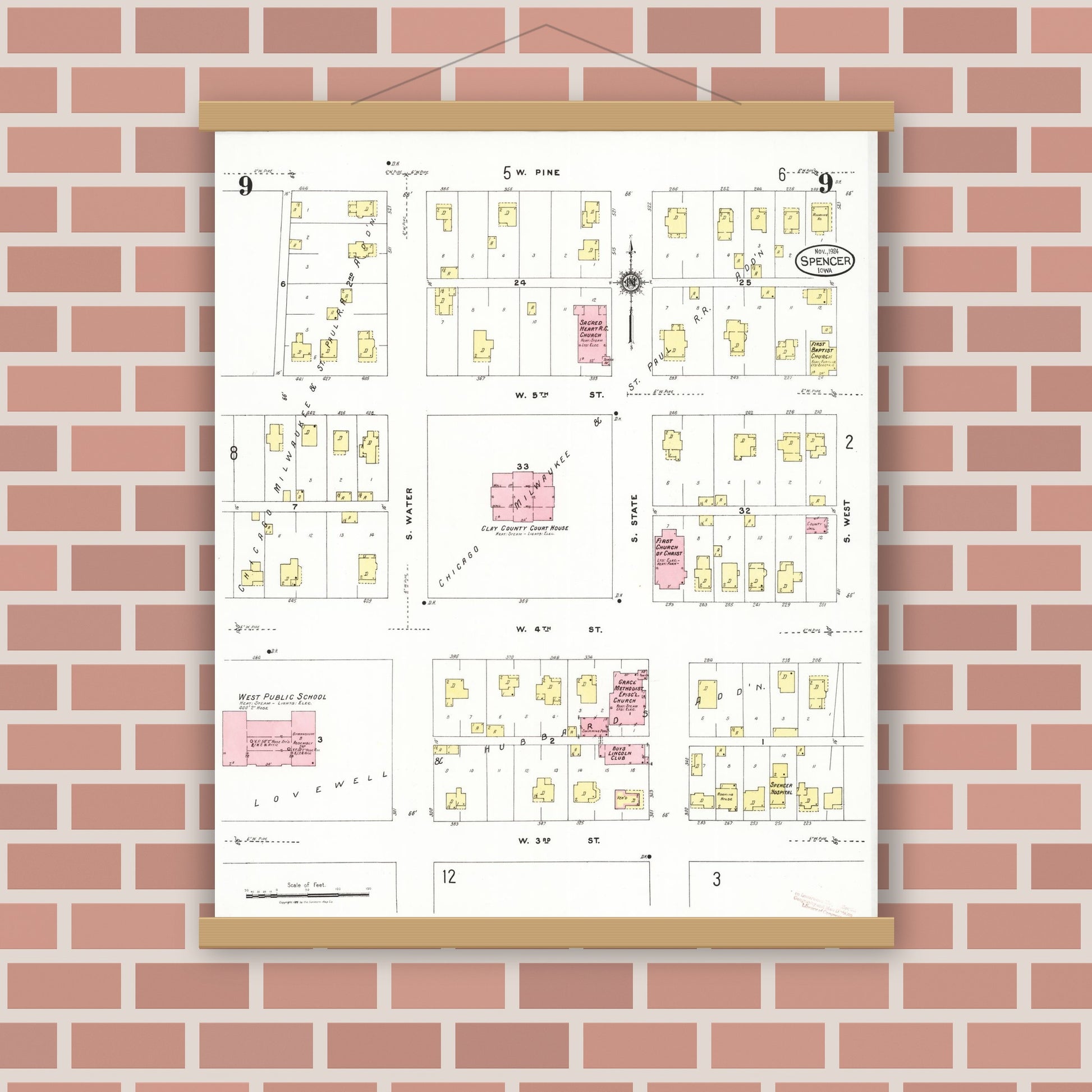 Old map wall art mockup — magnetic wood frame on brick wall — Sanborn Fire Insurance Map from Spencer, Clay County, Iowa (1924), Sheet #0009