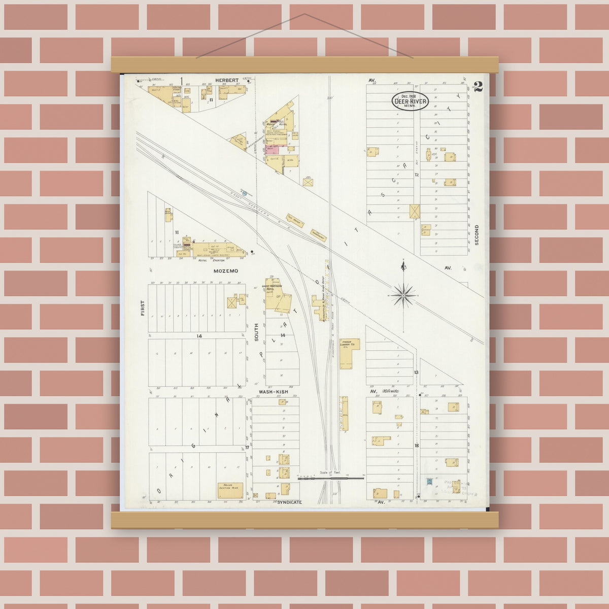 Old map wall art mockup — magnetic wood frame on brick wall — Sanborn Fire Insurance Map from Deer River, Itasca County, Minnesota (1908), Sheet #0002