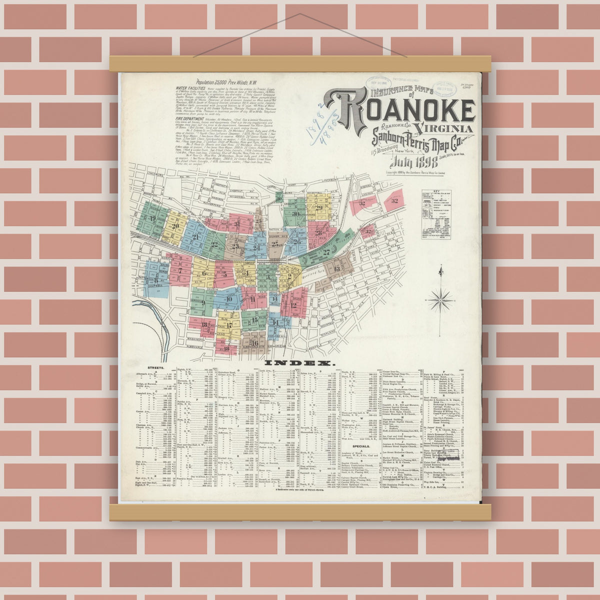 Old map wall art mockup — magnetic wood frame on brick wall — Sanborn Fire Insurance Map from Roanoke, Independent Cities, Virginia (1898), Sheet #0001