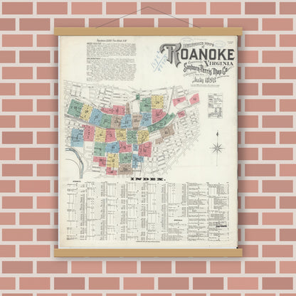 Old map wall art mockup — magnetic wood frame on brick wall — Sanborn Fire Insurance Map from Roanoke, Independent Cities, Virginia (1898), Sheet #0001
