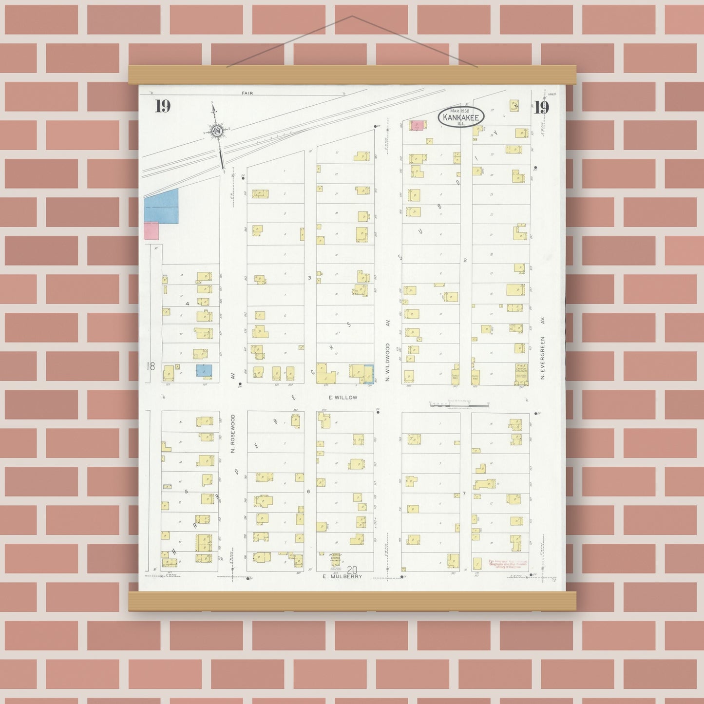 Old map wall art mockup — magnetic wood frame on brick wall — Sanborn Fire Insurance Map from Kankakee, Kankakee County, Illinois (1930), Sheet #0019