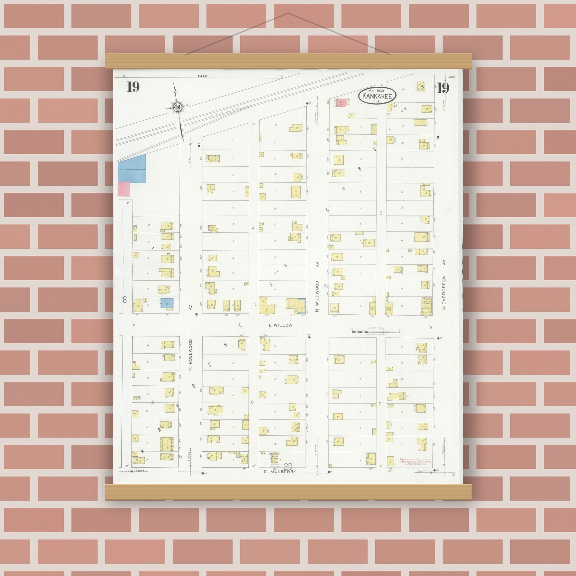 Old map wall art mockup — magnetic wood frame on brick wall — Sanborn Fire Insurance Map from Kankakee, Kankakee County, Illinois (1930), Sheet #0019