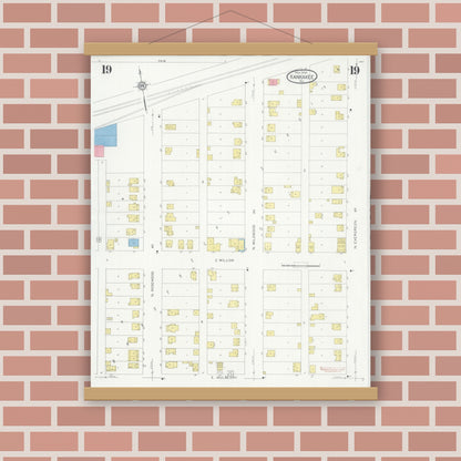 Old map wall art mockup — magnetic wood frame on brick wall — Sanborn Fire Insurance Map from Kankakee, Kankakee County, Illinois (1930), Sheet #0019