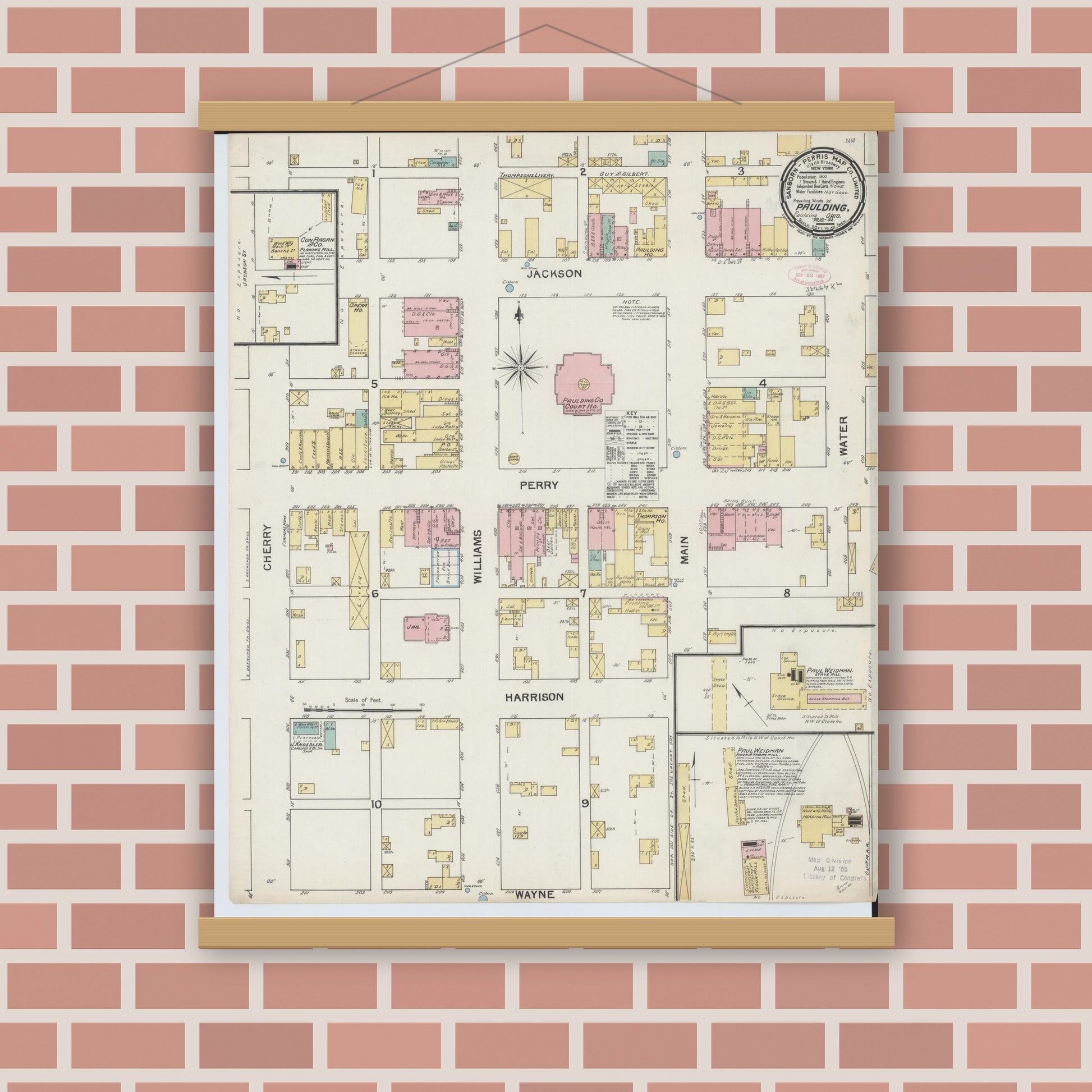 Old map wall art mockup — magnetic wood frame on brick wall — Sanborn Fire Insurance Map from Paulding, Paulding County, Ohio (1892), Sheet #0001