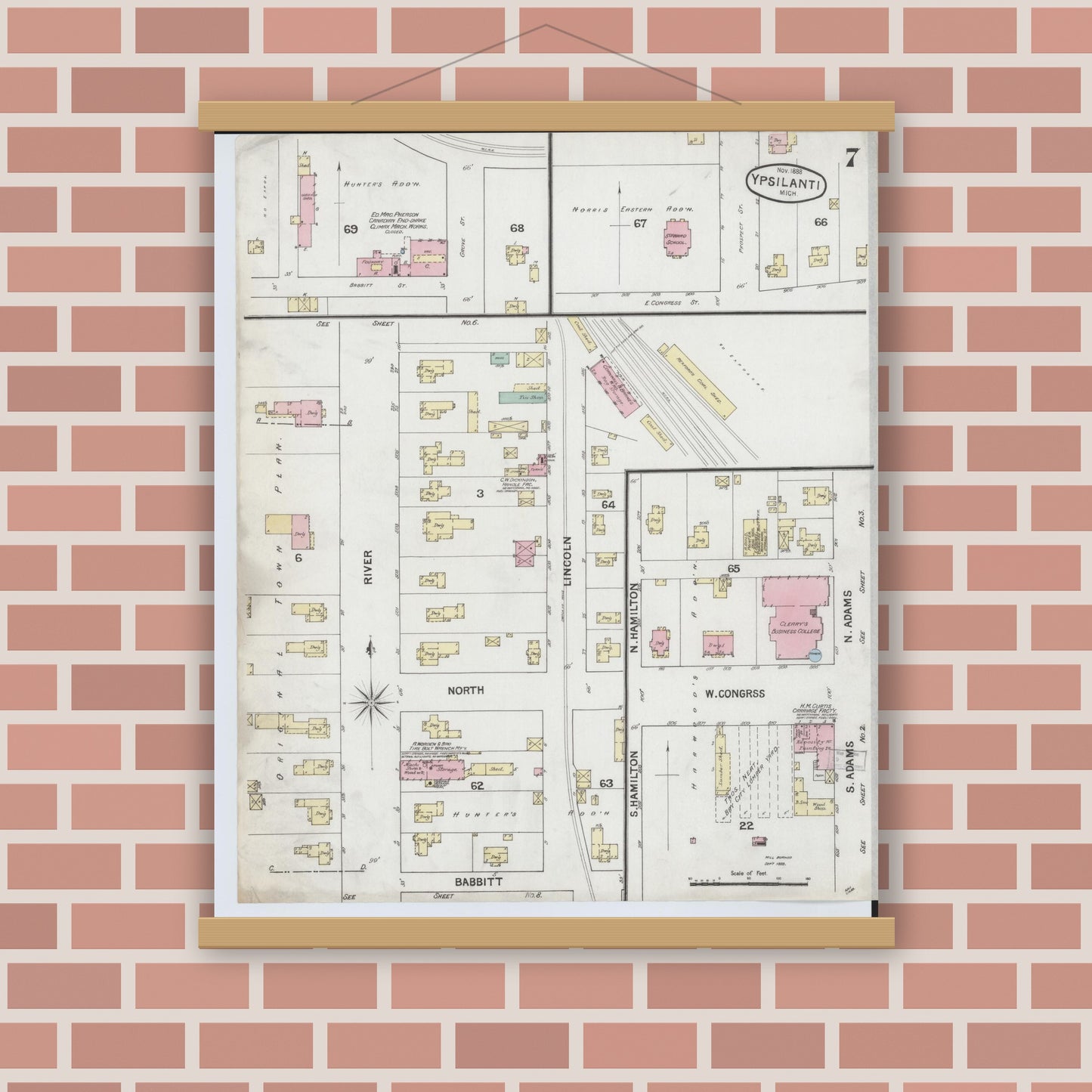 Old map wall art mockup — magnetic wood frame on brick wall — Sanborn Fire Insurance Map from Ypsilanti, Washtenaw County, Michigan (1888), Sheet #0007