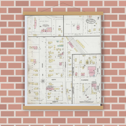 Old map wall art mockup — magnetic wood frame on brick wall — Sanborn Fire Insurance Map from Ypsilanti, Washtenaw County, Michigan (1888), Sheet #0007