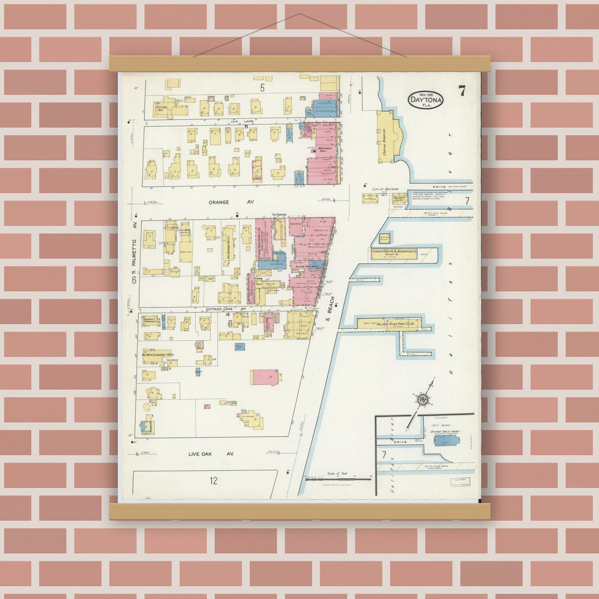 Old map wall art mockup — magnetic wood frame on brick wall — Sanborn Fire Insurance Map from Daytona, Volusia County, Florida (1916), Sheet #0007