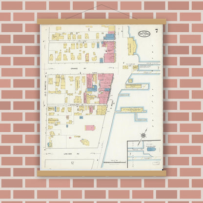 Old map wall art mockup — magnetic wood frame on brick wall — Sanborn Fire Insurance Map from Daytona, Volusia County, Florida (1916), Sheet #0007