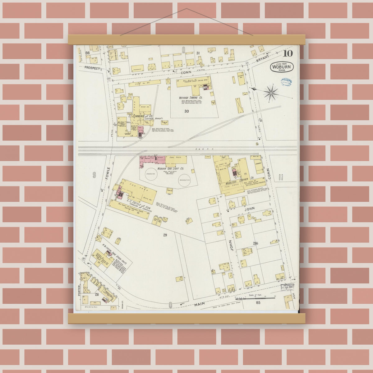Old map wall art mockup — magnetic wood frame on brick wall — Sanborn Fire Insurance Map from Woburn, Middlesex County, Massachusetts (1894), Sheet #0010