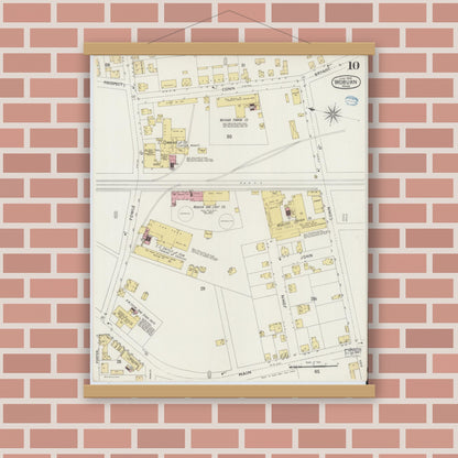 Old map wall art mockup — magnetic wood frame on brick wall — Sanborn Fire Insurance Map from Woburn, Middlesex County, Massachusetts (1894), Sheet #0010