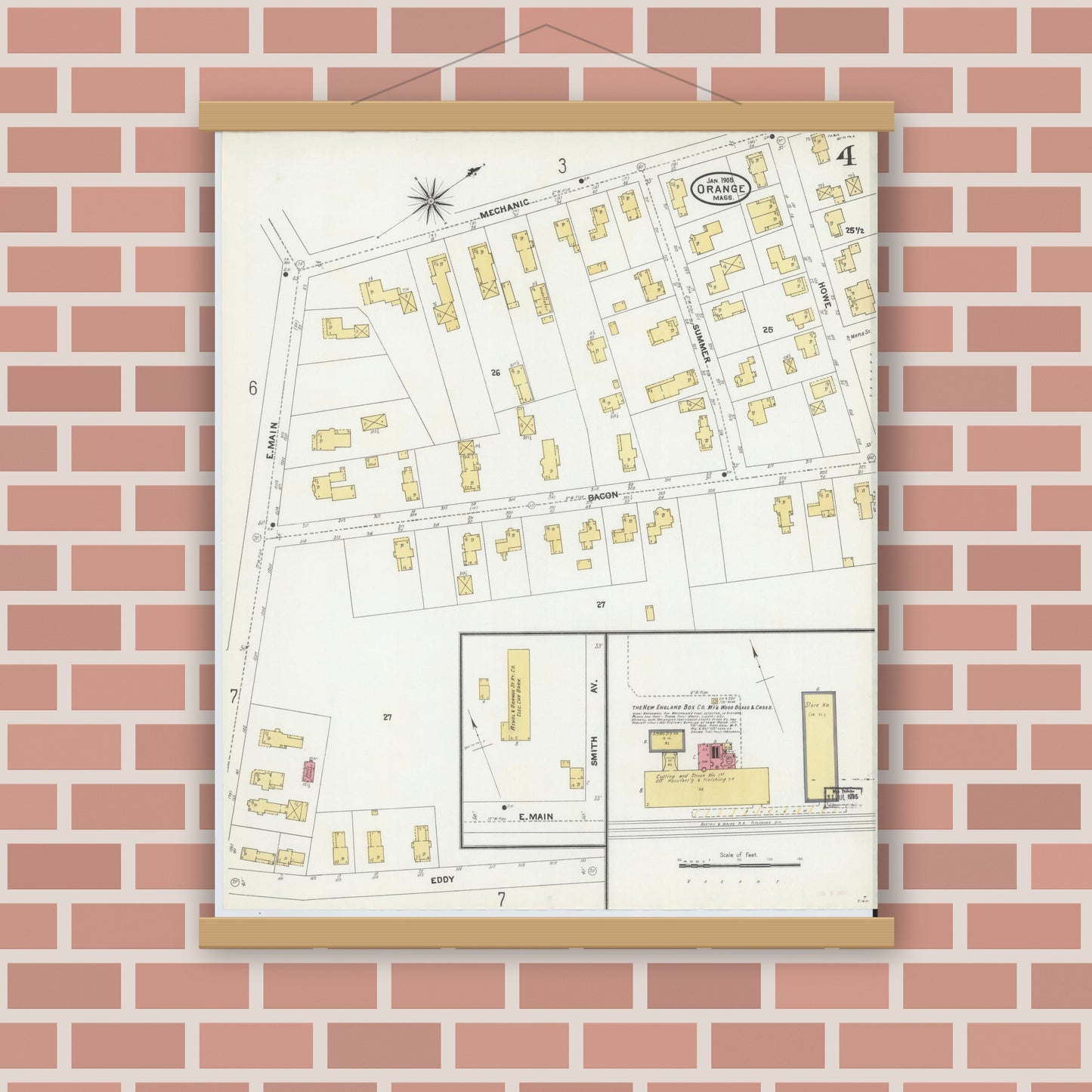 Old map wall art mockup — magnetic wood frame on brick wall — Sanborn Fire Insurance Map from Orange, Franklin County, Massachusetts (1905), Sheet #0004