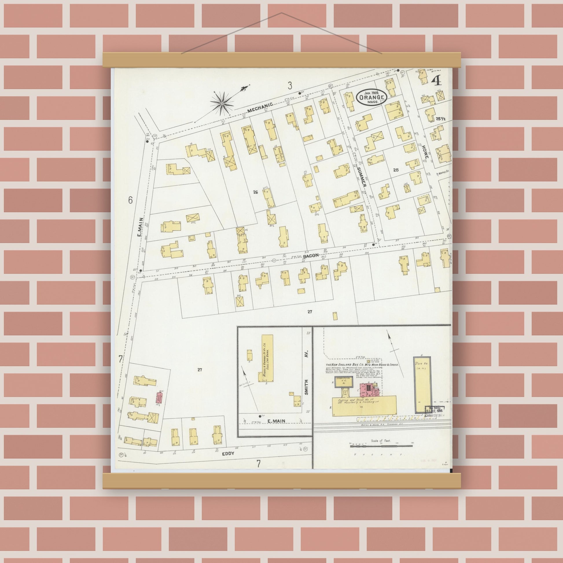 Old map wall art mockup — magnetic wood frame on brick wall — Sanborn Fire Insurance Map from Orange, Franklin County, Massachusetts (1905), Sheet #0004