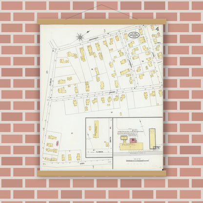 Old map wall art mockup — magnetic wood frame on brick wall — Sanborn Fire Insurance Map from Orange, Franklin County, Massachusetts (1905), Sheet #0004